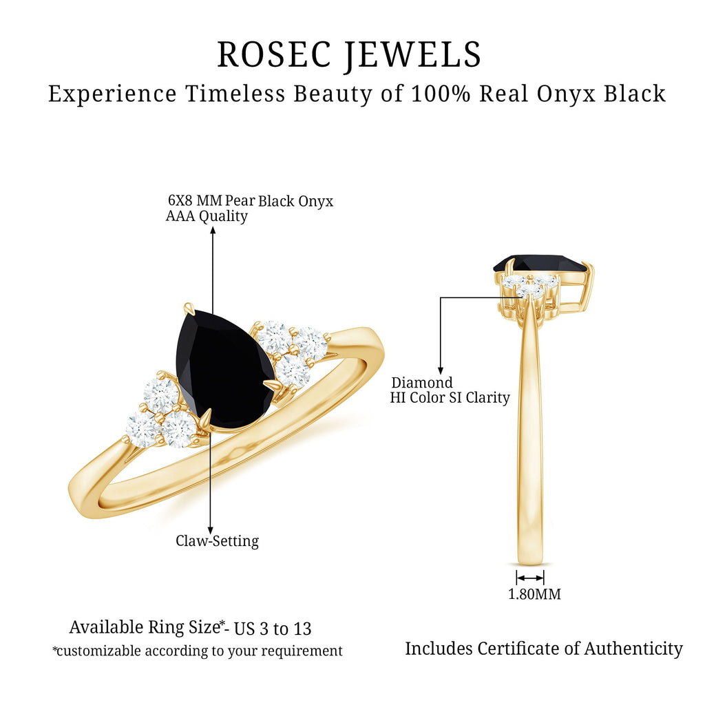 Pear Shaped Black Onyx Engagement Ring with Real Diamond Trio