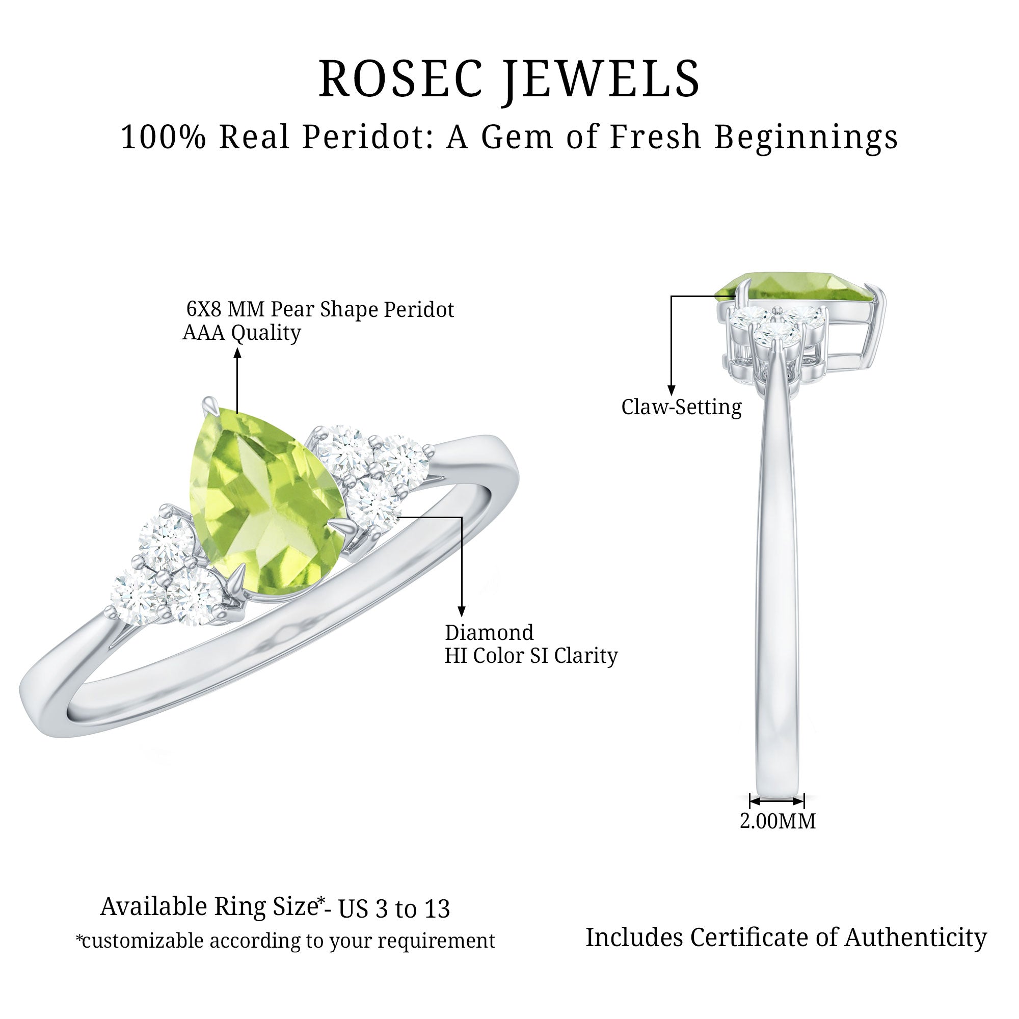 1 Carat Peridot Teardrop Engagement Ring with Diamond Trio