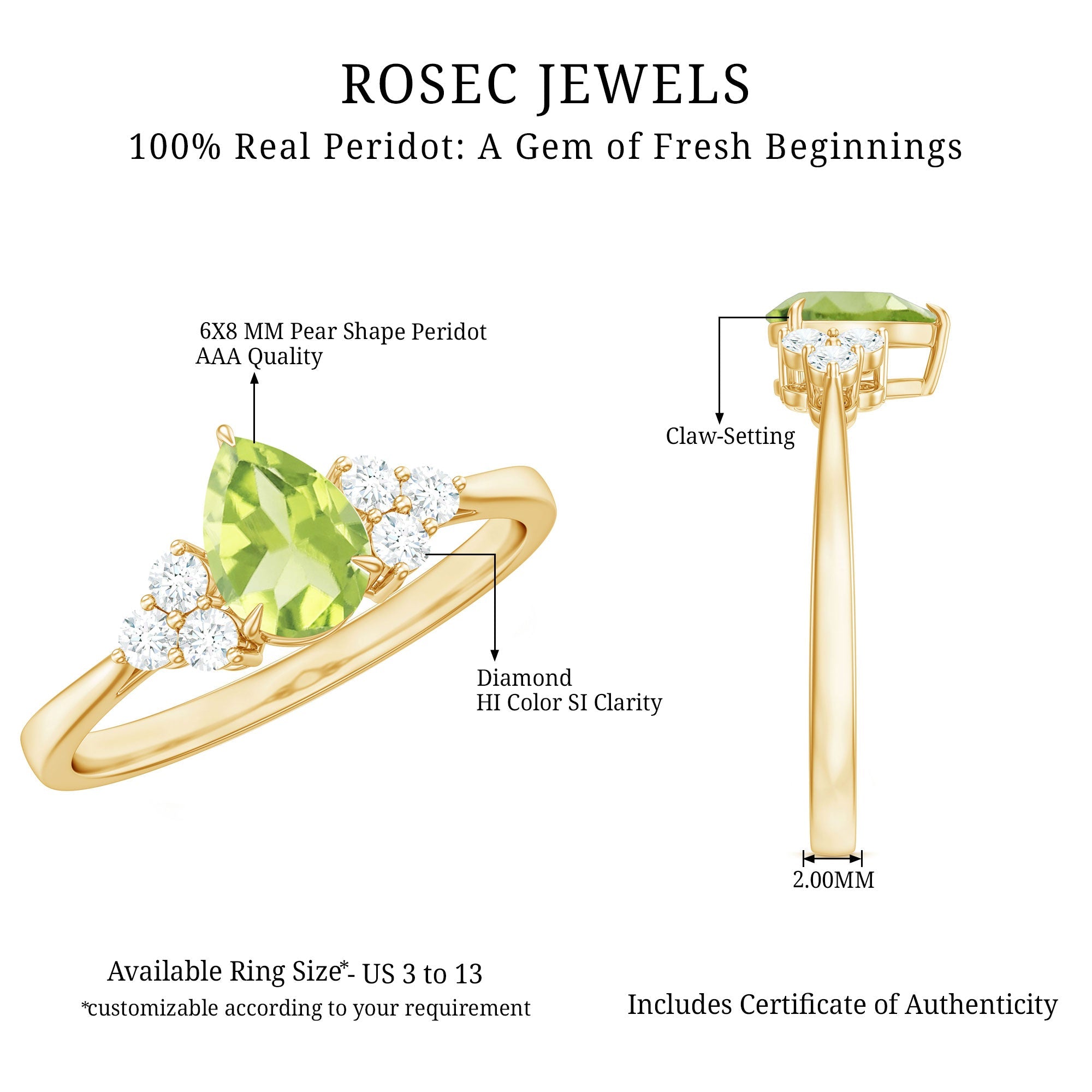 1 Carat Peridot Teardrop Engagement Ring with Diamond Trio