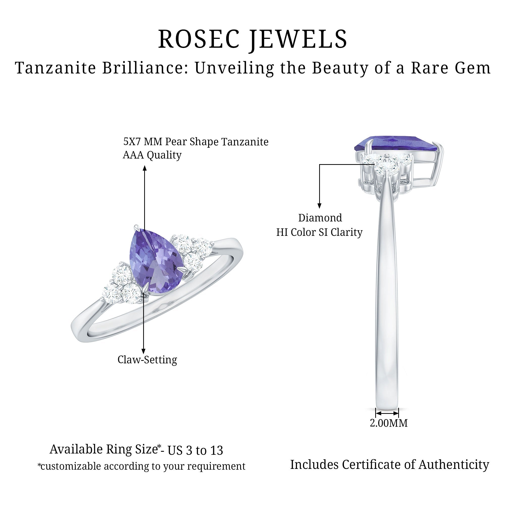 Pear Shaped Tanzanite Solitaire Ring with Diamond Trio