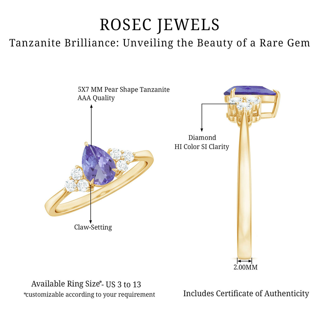 Pear Shaped Tanzanite Solitaire Ring with Diamond Trio