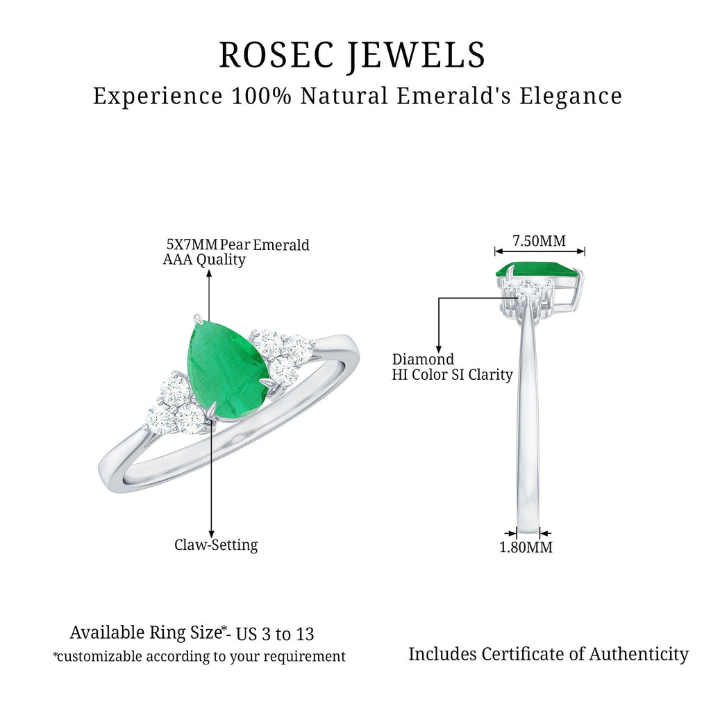 5X7mm AAA Quality Pear Shape Emerald Solitaire Engagement Ring with Diamond Trio