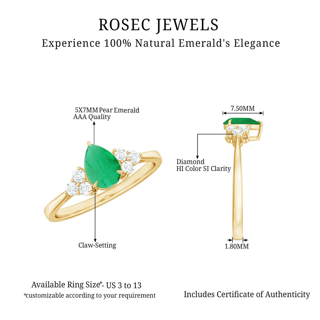 5X7mm AAA Quality Pear Shape Emerald Solitaire Engagement Ring with Diamond Trio