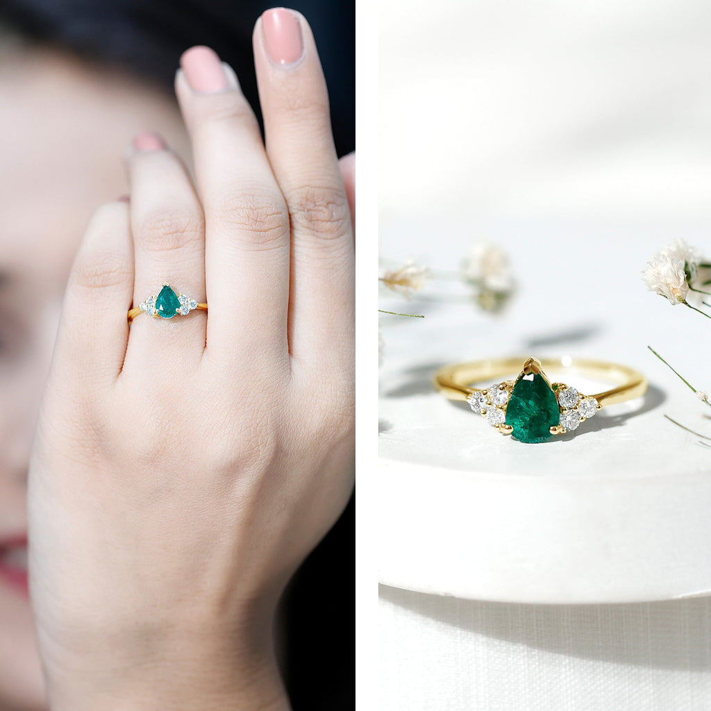 5X7mm AAA Quality Pear Shape Emerald Solitaire Engagement Ring with Diamond Trio