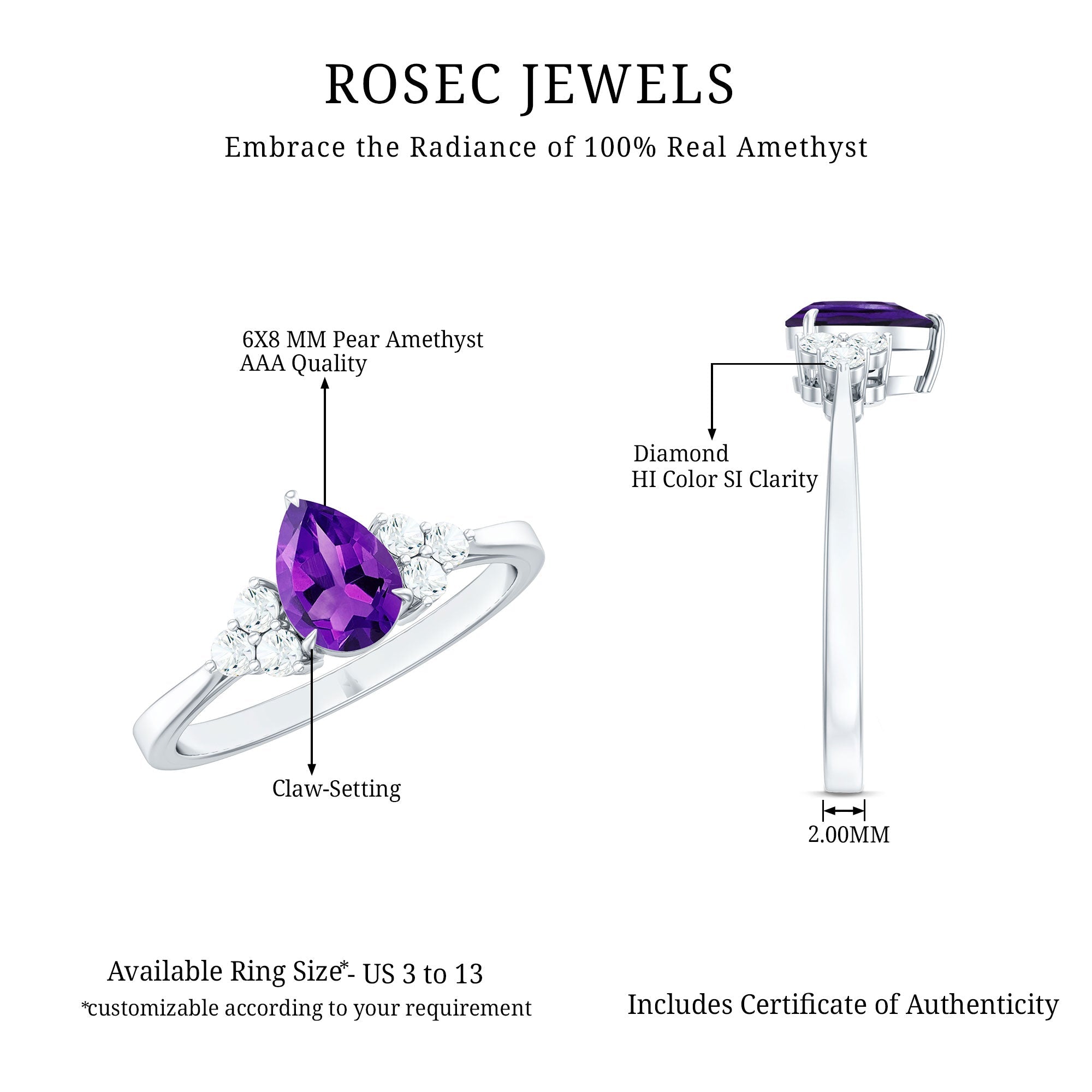 Pear Amethyst Solitaire Ring with Diamond Trio