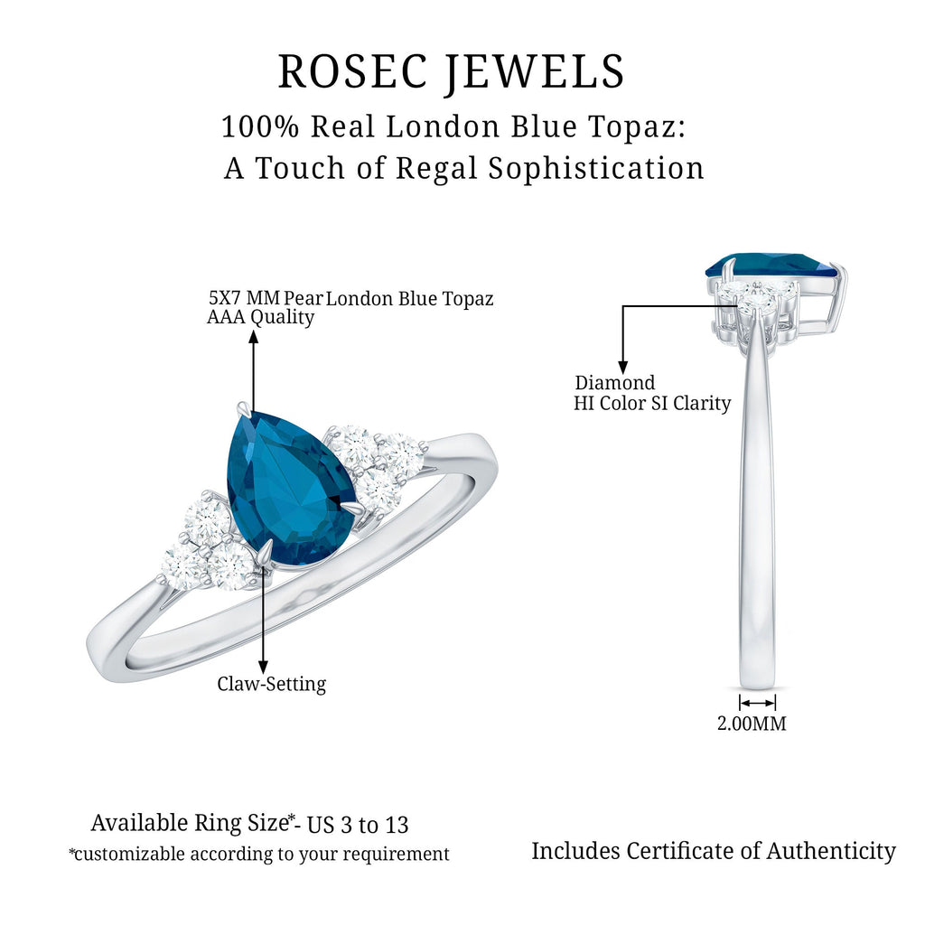 5X7mm Pear Shape London Blue Topaz Engagement Ring with Diamond Trio