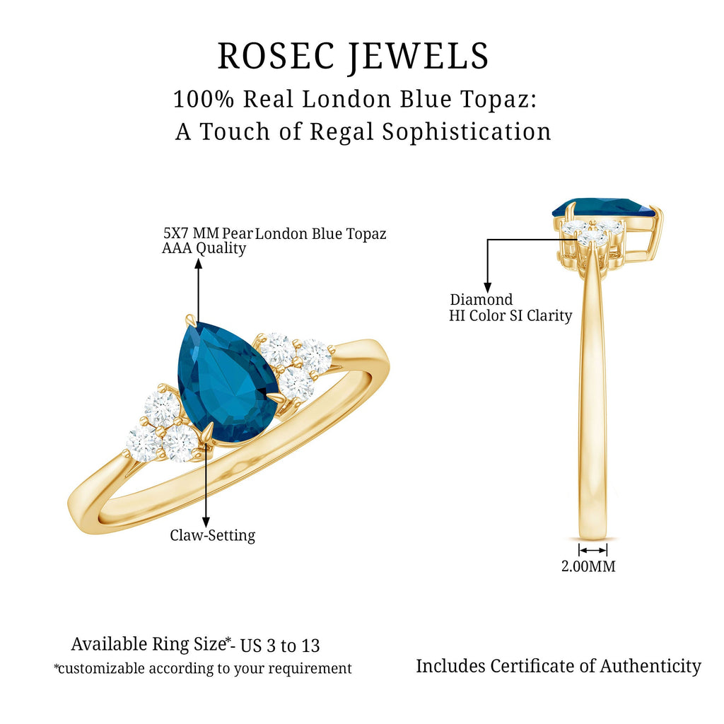 5X7mm Pear Shape London Blue Topaz Engagement Ring with Diamond Trio