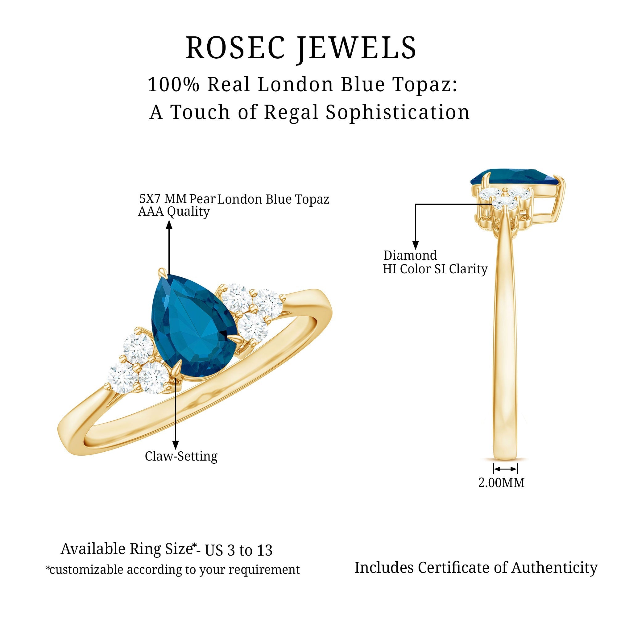 5X7mm Pear Shape London Blue Topaz Engagement Ring with Diamond Trio
