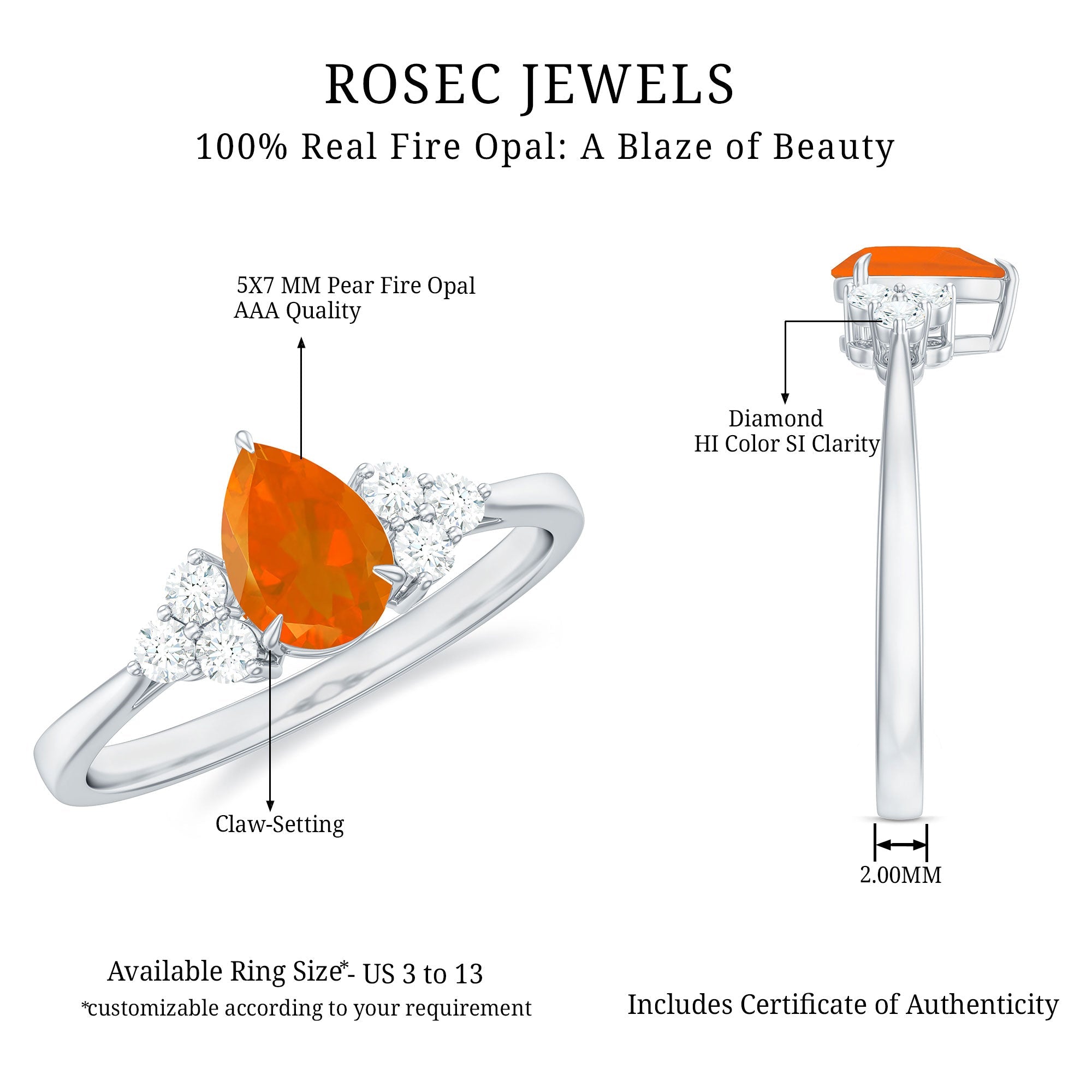 Pear Shaped Fire Opal Solitaire Ring with Diamond Trio