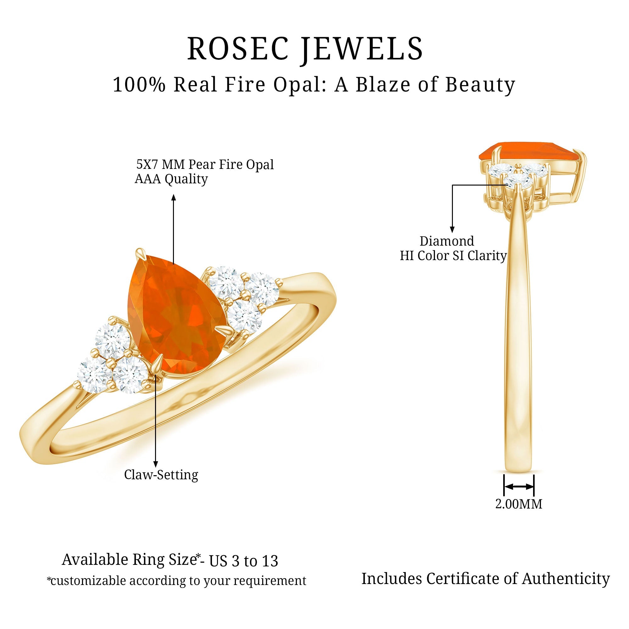 Pear Shaped Fire Opal Solitaire Ring with Diamond Trio