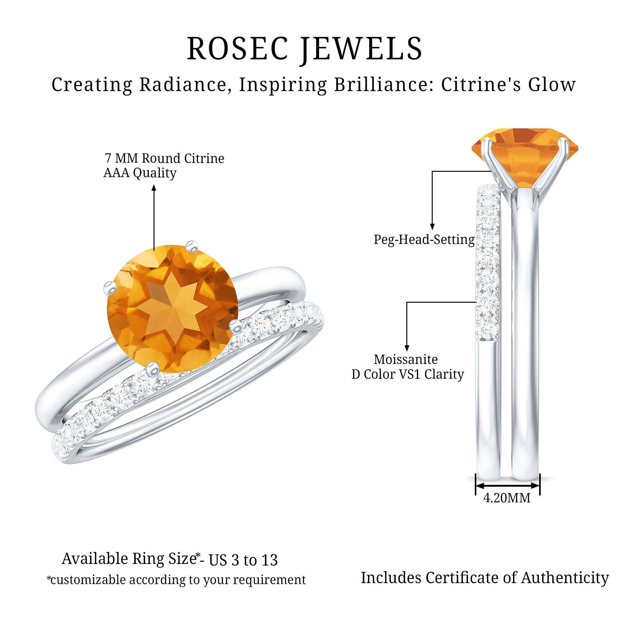 Natural Citrine Wedding Bridal Ring Set with Moissanite