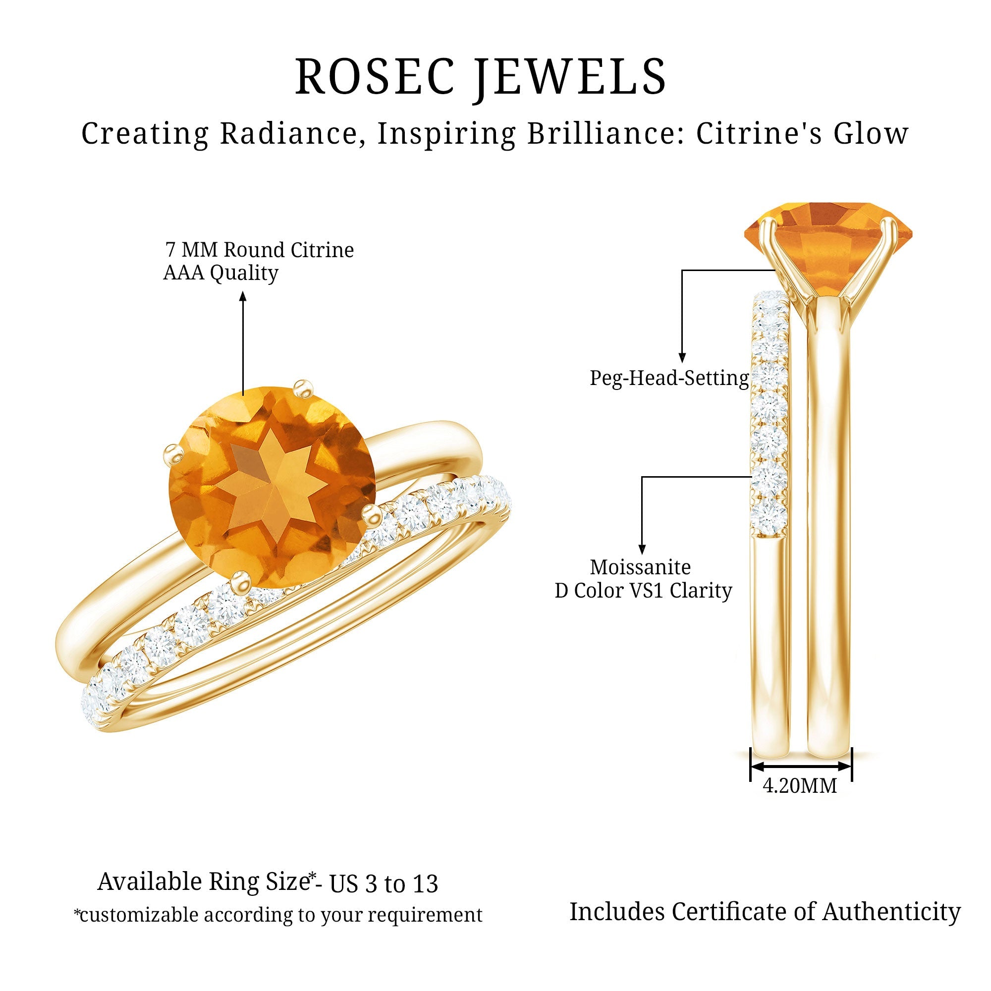 Natural Citrine Wedding Bridal Ring Set with Moissanite