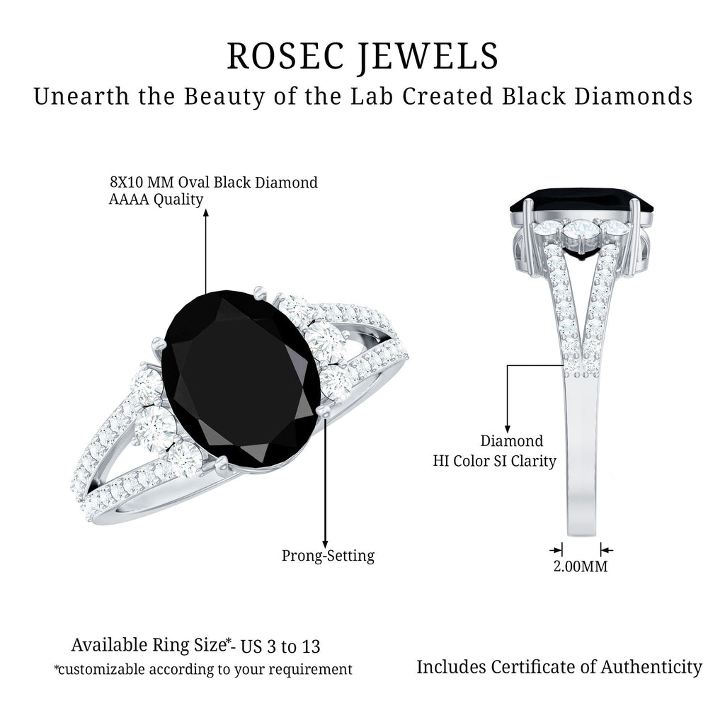 Oval Created Black Diamond Engagement Ring with Diamond Split Shank