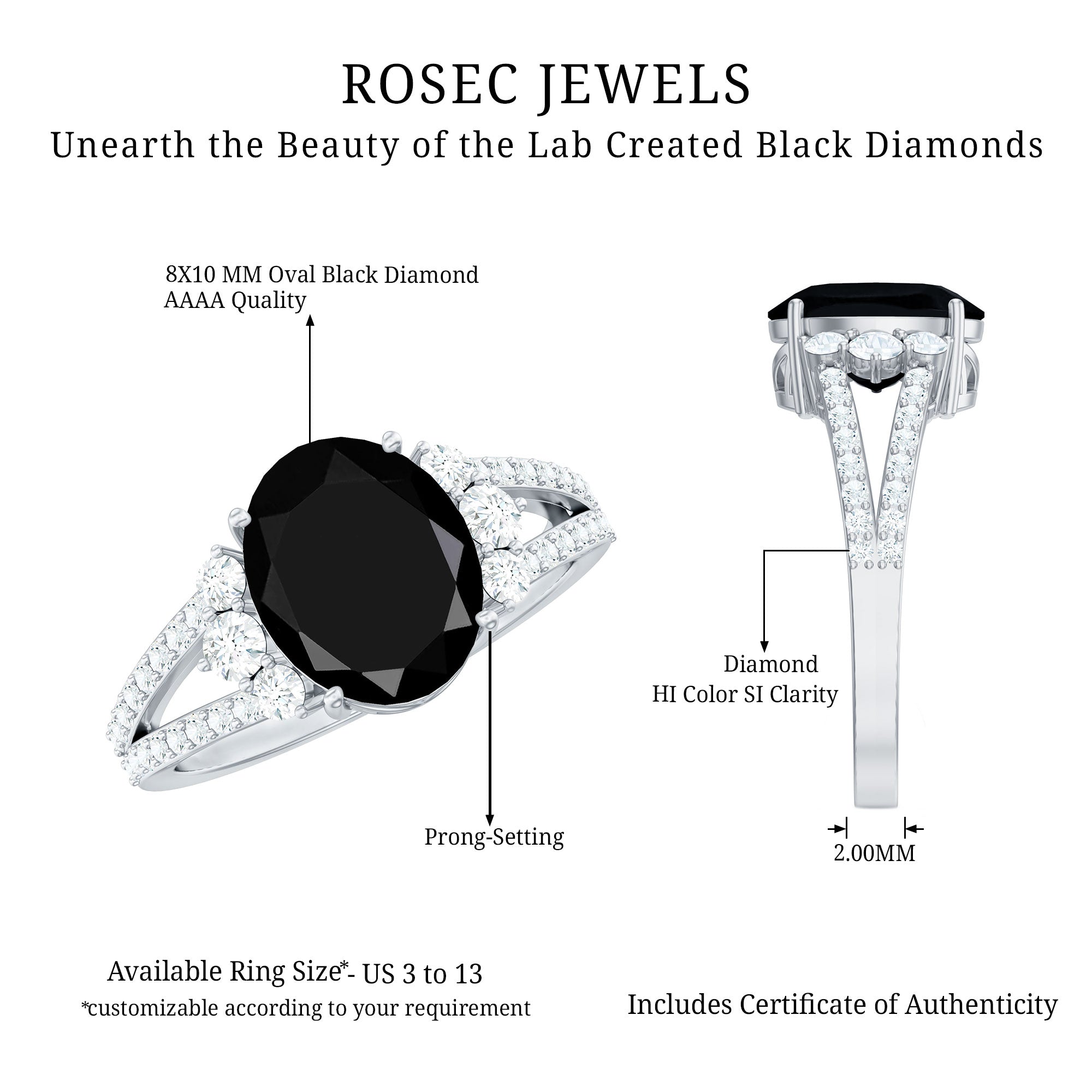Oval Created Black Diamond Engagement Ring with Diamond Split Shank