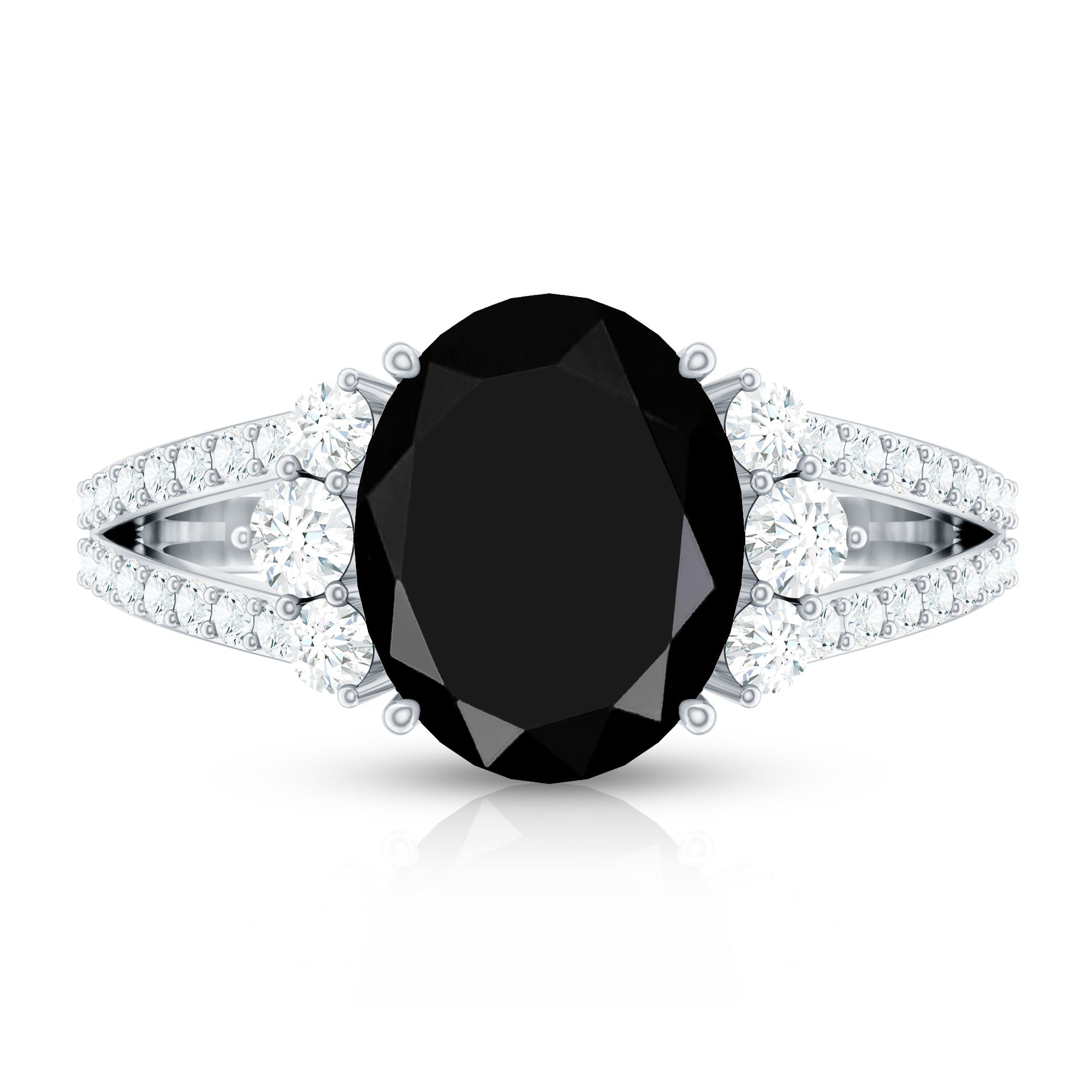 Oval Created Black Diamond Engagement Ring with Diamond Split Shank