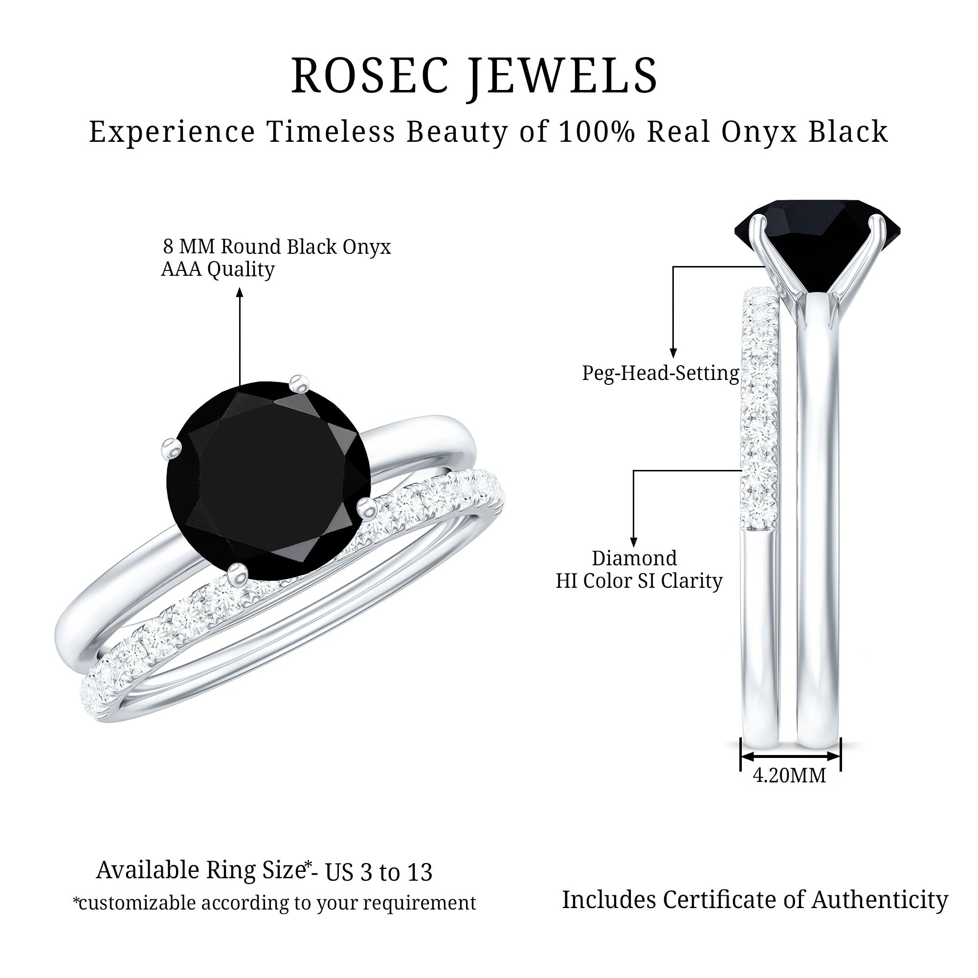 Natural 8mm Black Onyx Solitaire Engagement Rings with Diamond Enhancer