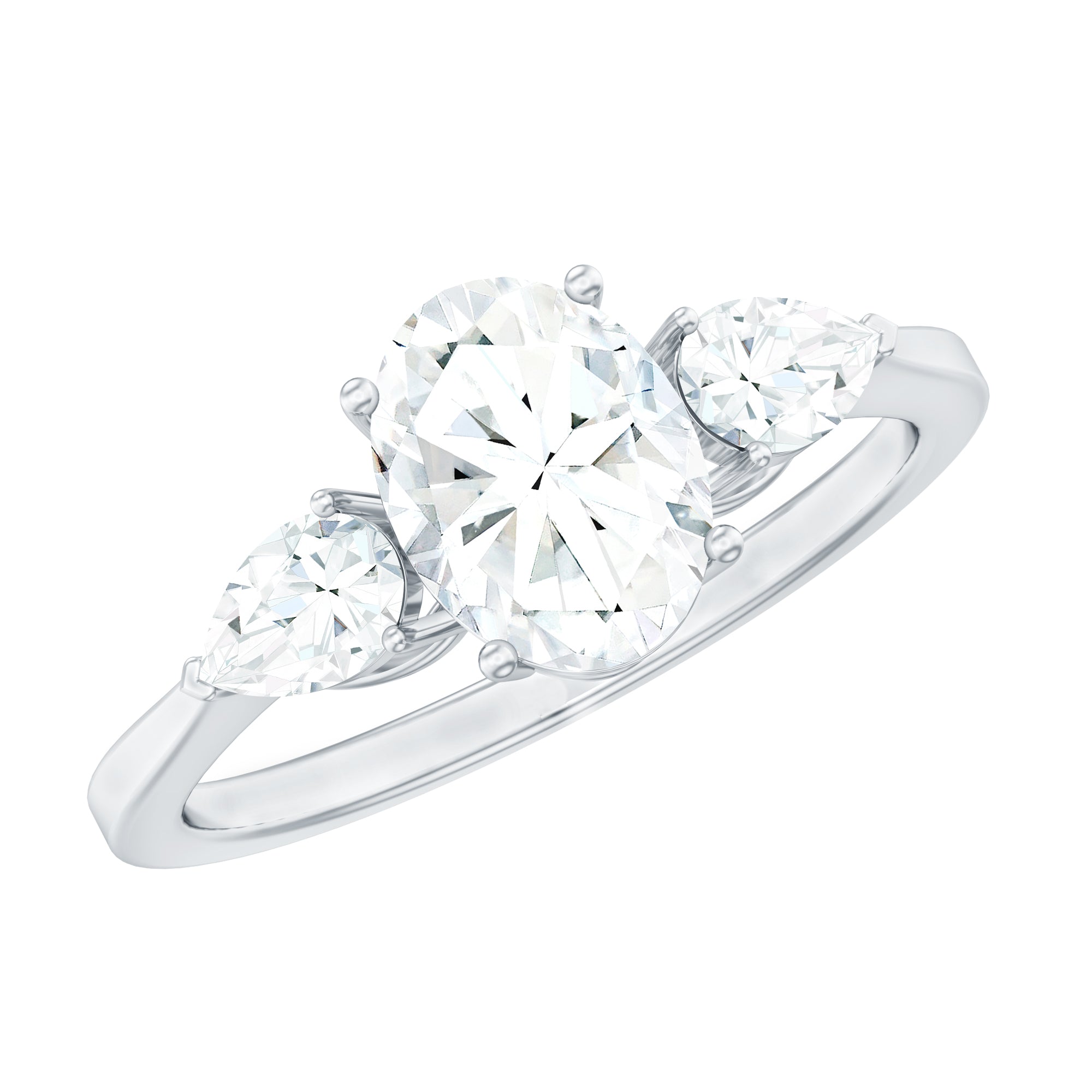 Oval and Pear Cut Moissanite Three Stone Engagement Ring