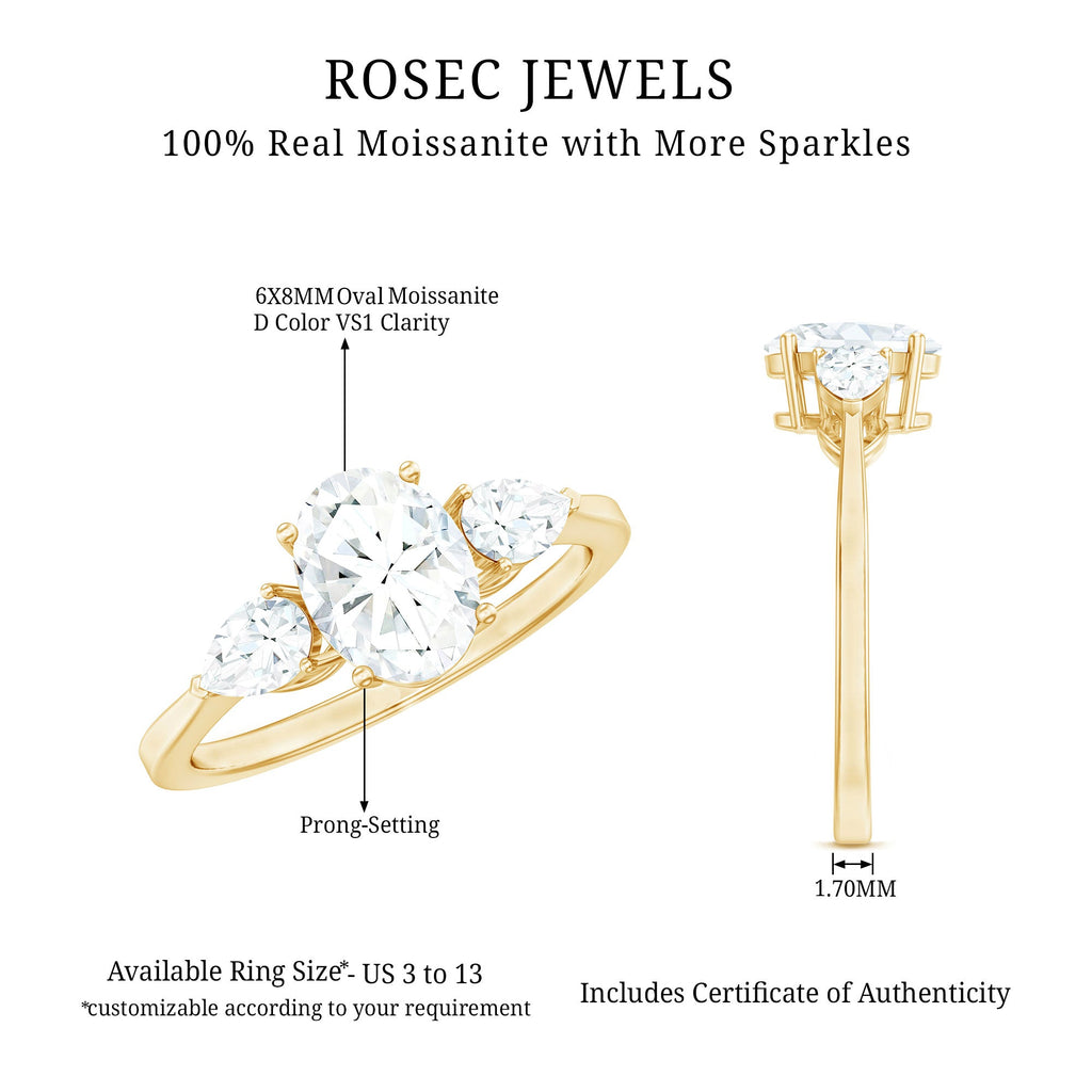 Oval and Pear Cut Moissanite Three Stone Engagement Ring