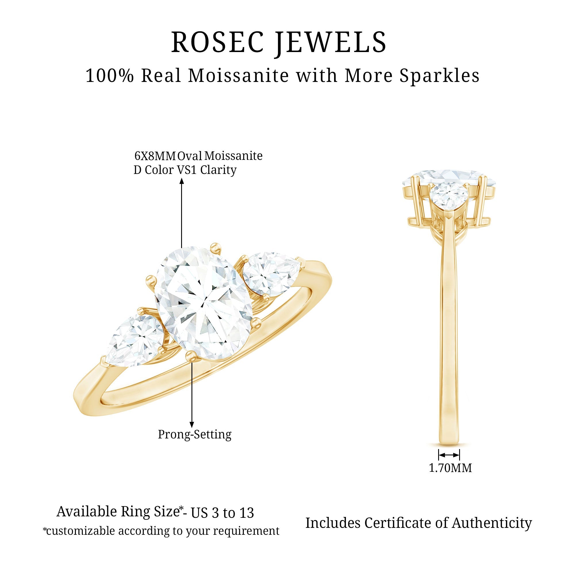 Oval and Pear Cut Moissanite Three Stone Engagement Ring