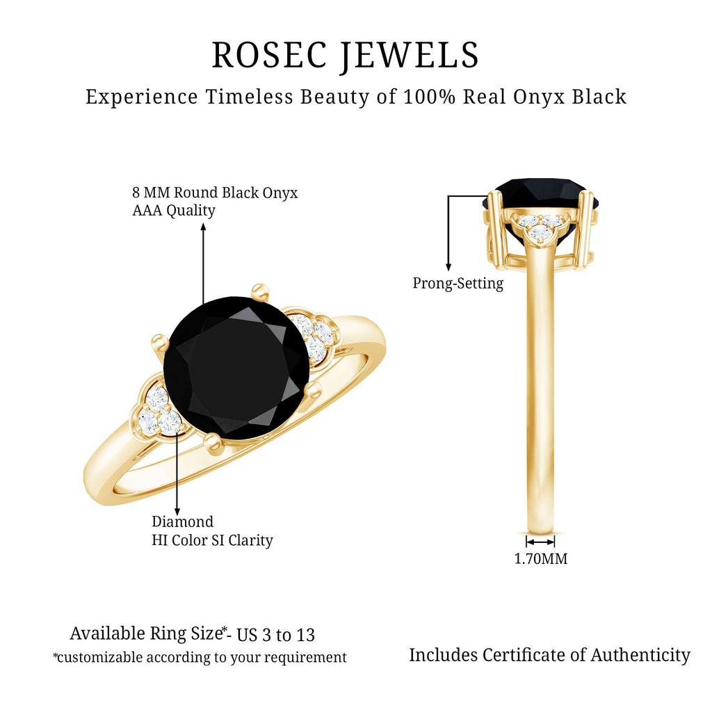 Real Black Onyx Solitaire Engagement Ring with Diamond Trio