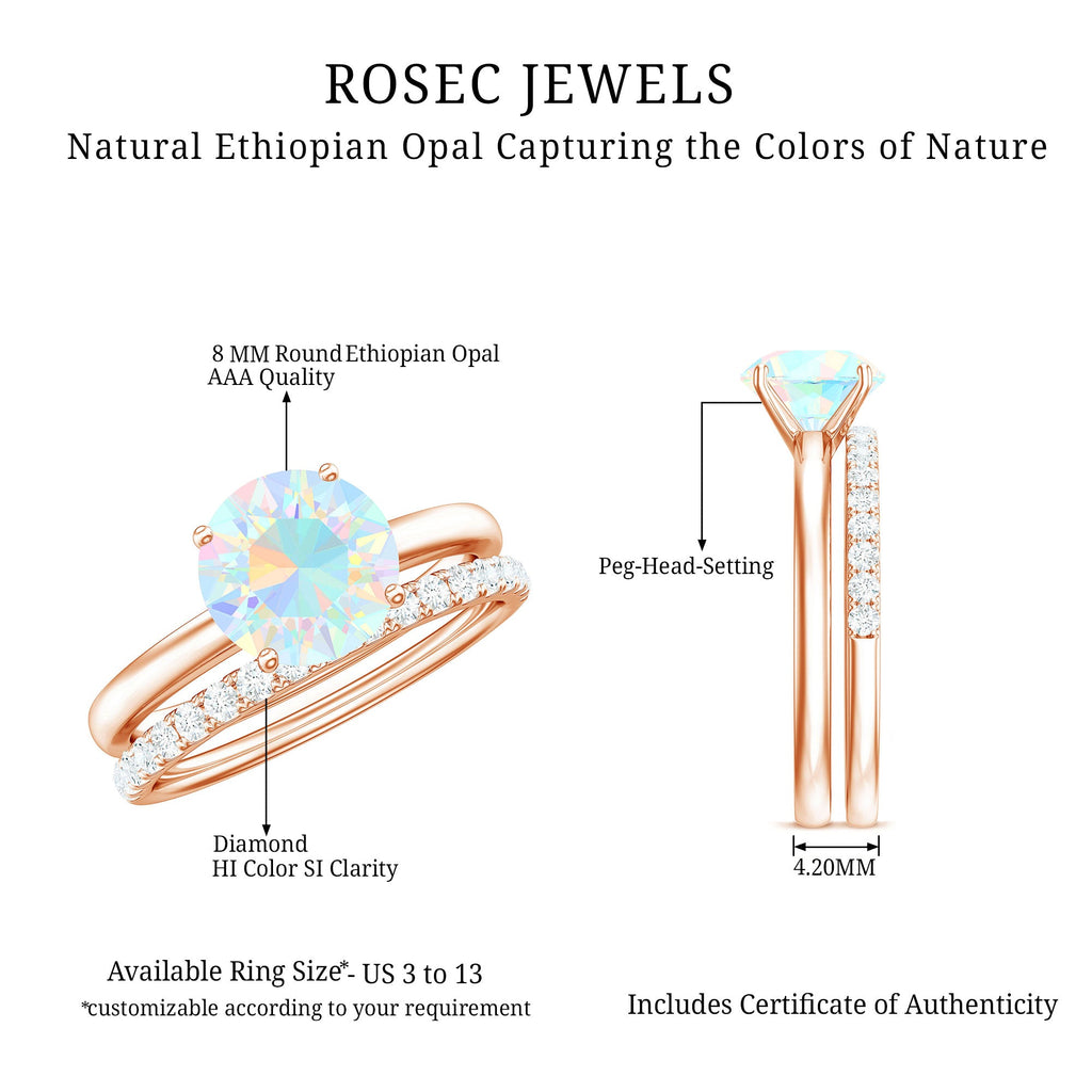 Natural Ethiopian Opal Diamond Solitaire Engagement Wedding Ring Set of 2