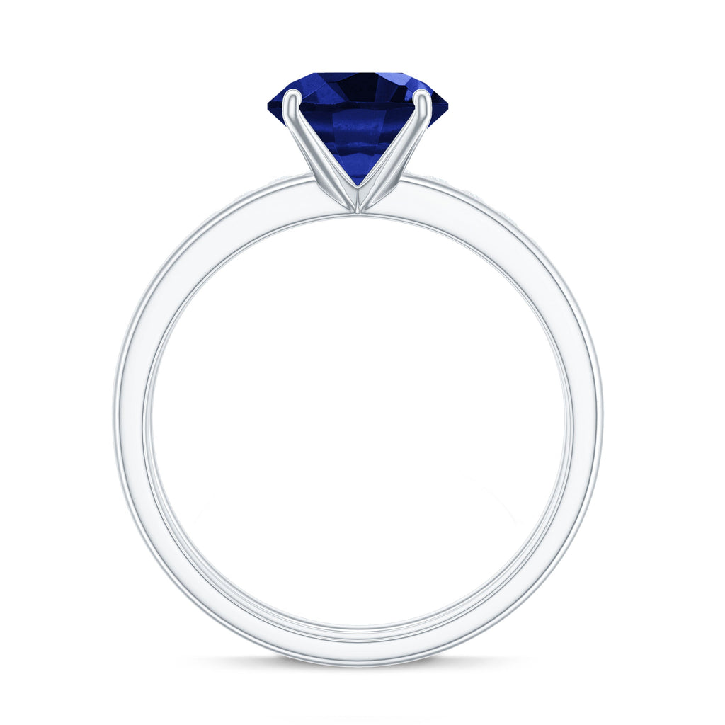 8mm Round Shape Lab Created Blue Sapphire Solitaire Wedding Ring Set with Diamond Band