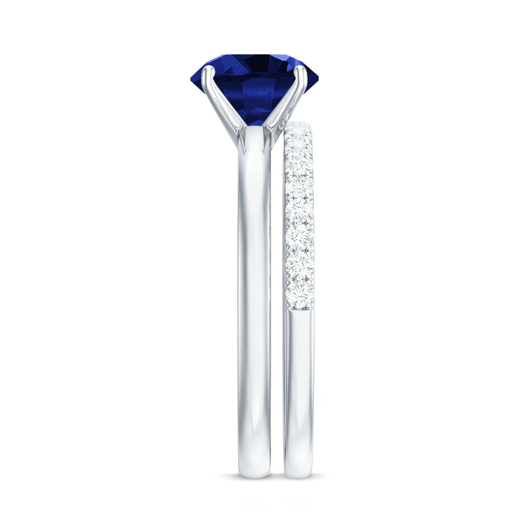 8mm Round Shape Lab Created Blue Sapphire Solitaire Wedding Ring Set with Diamond Band