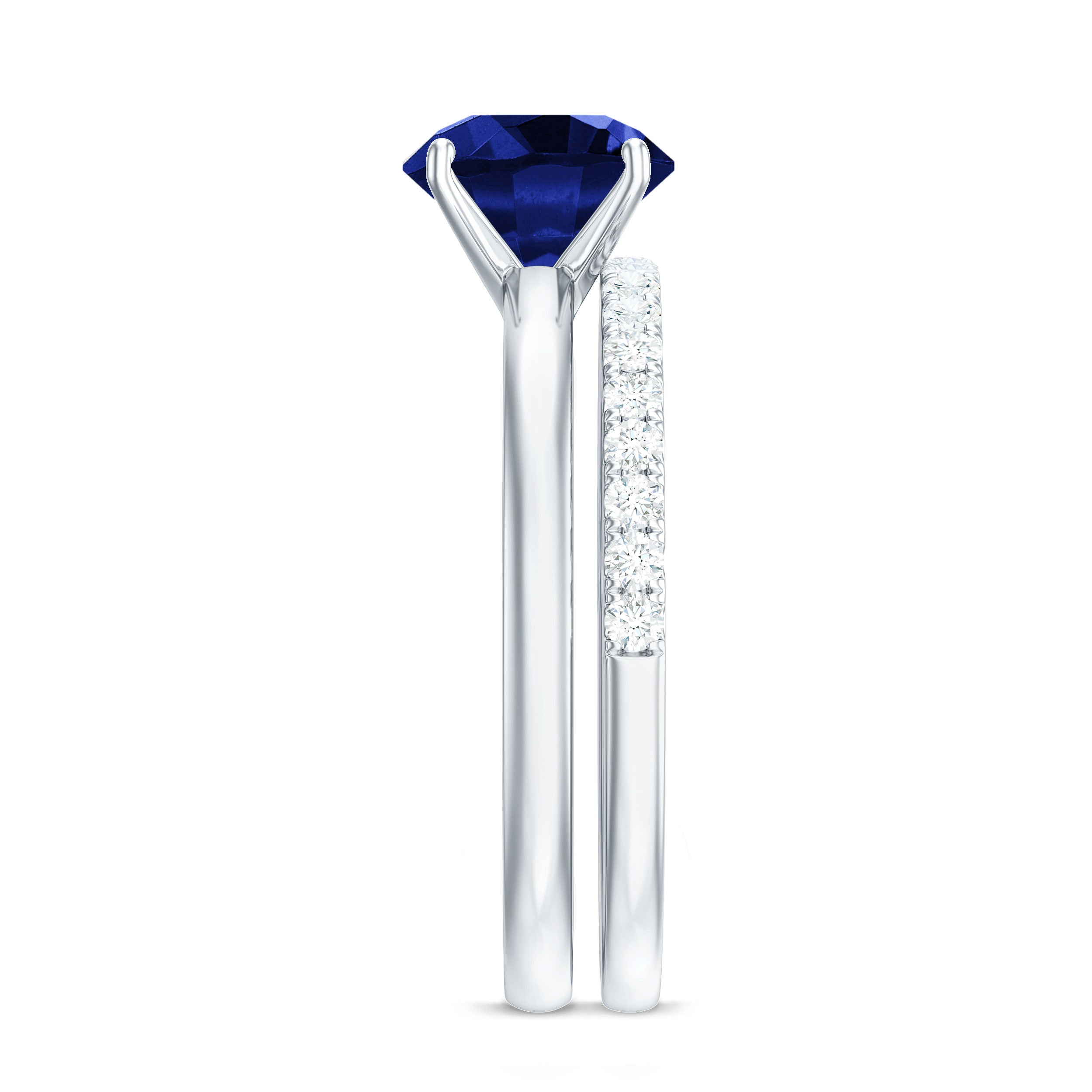 8mm Round Shape Lab Created Blue Sapphire Solitaire Wedding Ring Set with Diamond Band