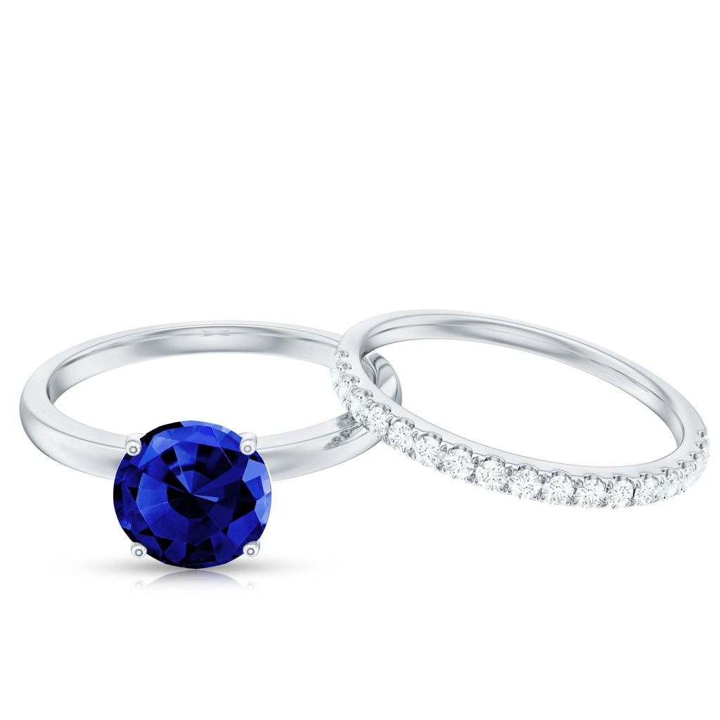 8mm Round Shape Lab Created Blue Sapphire Solitaire Wedding Ring Set with Diamond Band
