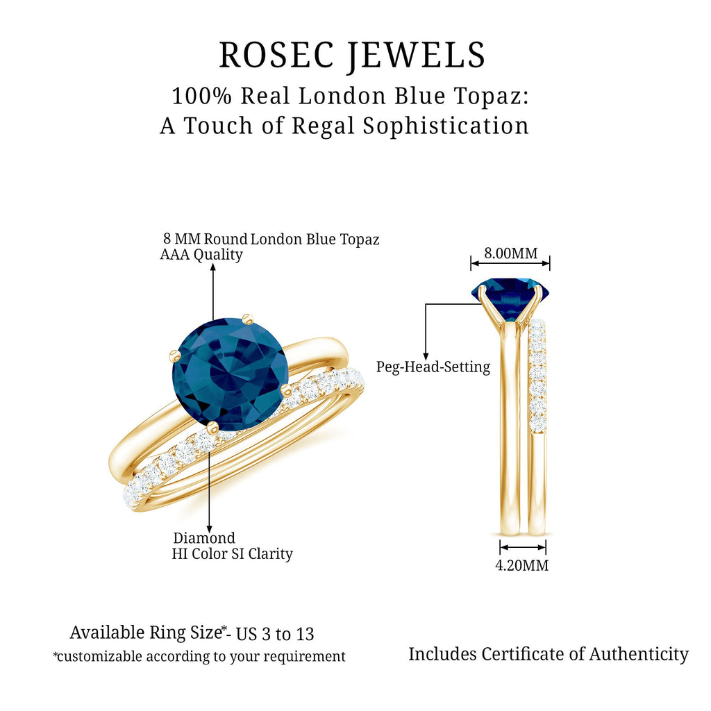 8mm Round London Blue Topaz Solitaire Engagement Ring with Diamond Band