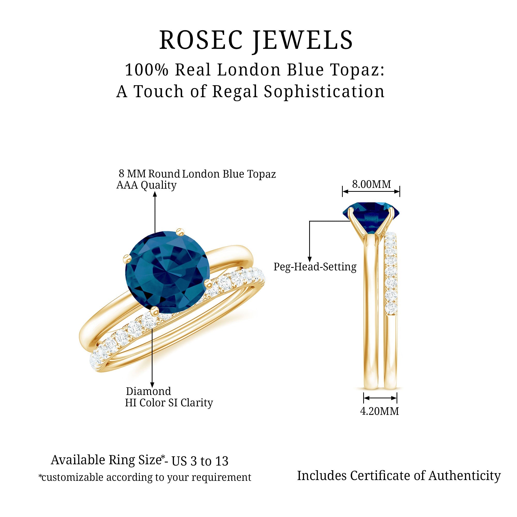 8mm Round London Blue Topaz Solitaire Engagement Ring with Diamond Band
