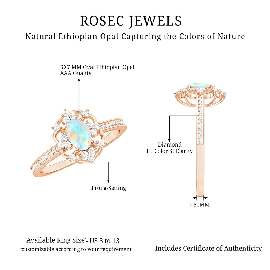 Natural Oval Ethiopian Rainbow Opal Vintage Looking Engagement Ring with Diamond