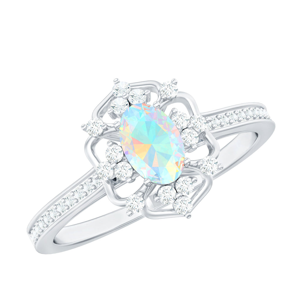 Natural Oval Ethiopian Rainbow Opal Vintage Looking Engagement Ring with Diamond