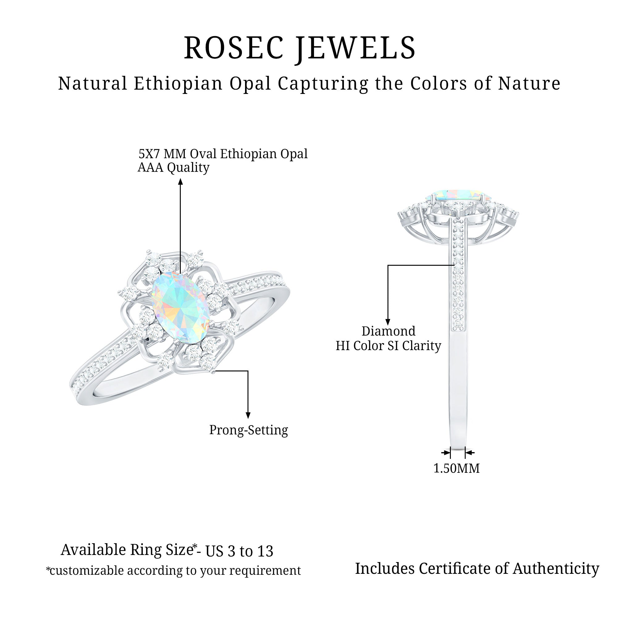 Natural Oval Ethiopian Rainbow Opal Vintage Looking Engagement Ring with Diamond