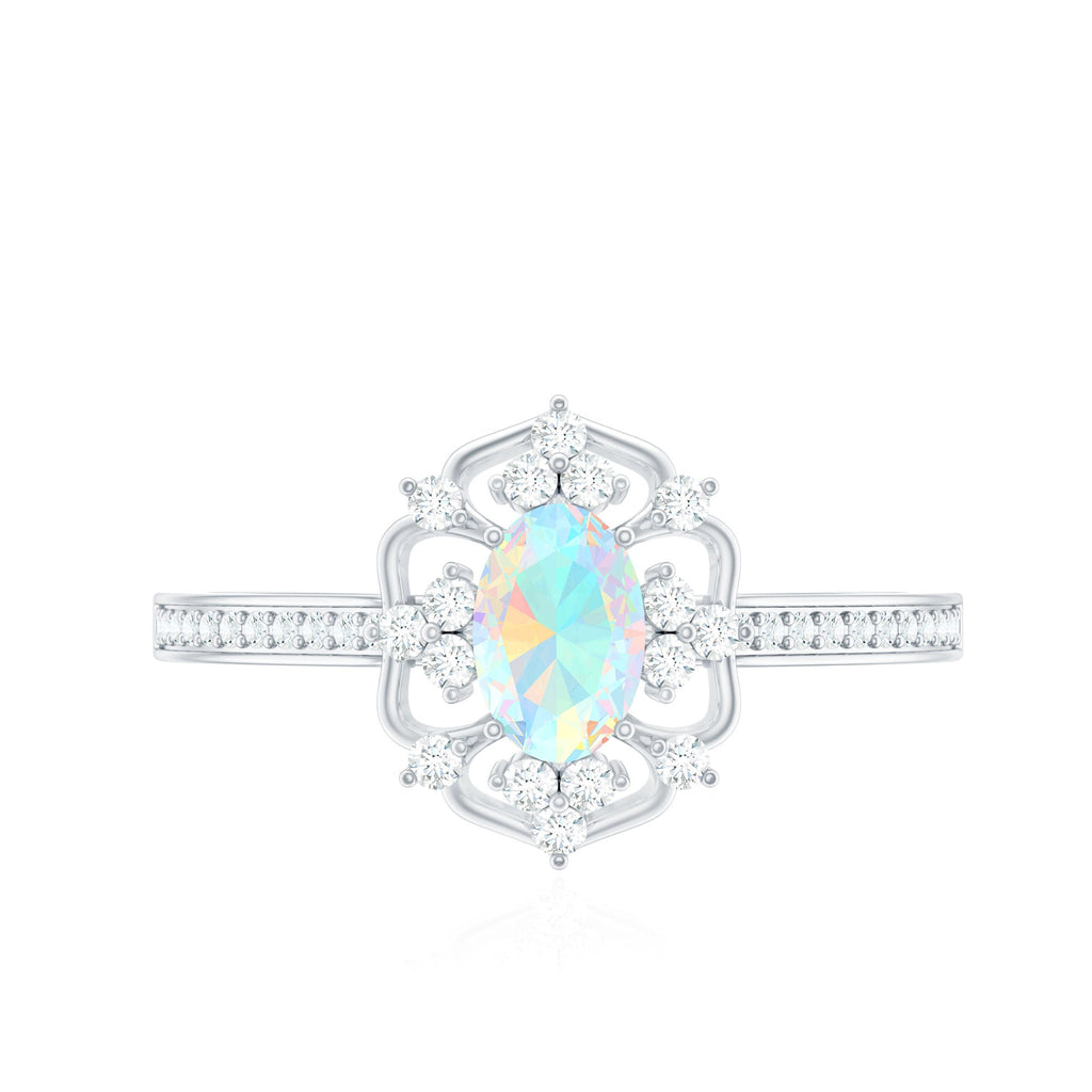 Natural Oval Ethiopian Rainbow Opal Vintage Looking Engagement Ring with Diamond