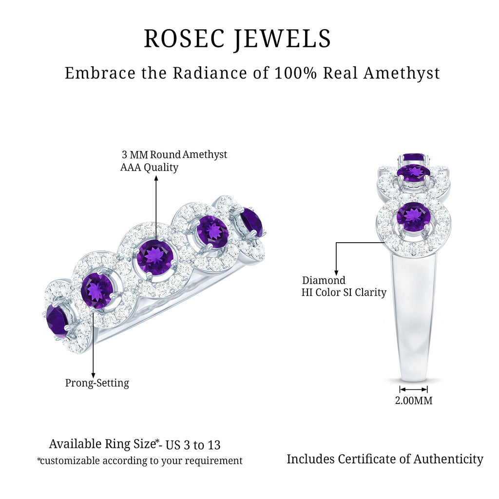1.25 CT Classic Amethyst Half Eternity Band Ring with Diamond Halo