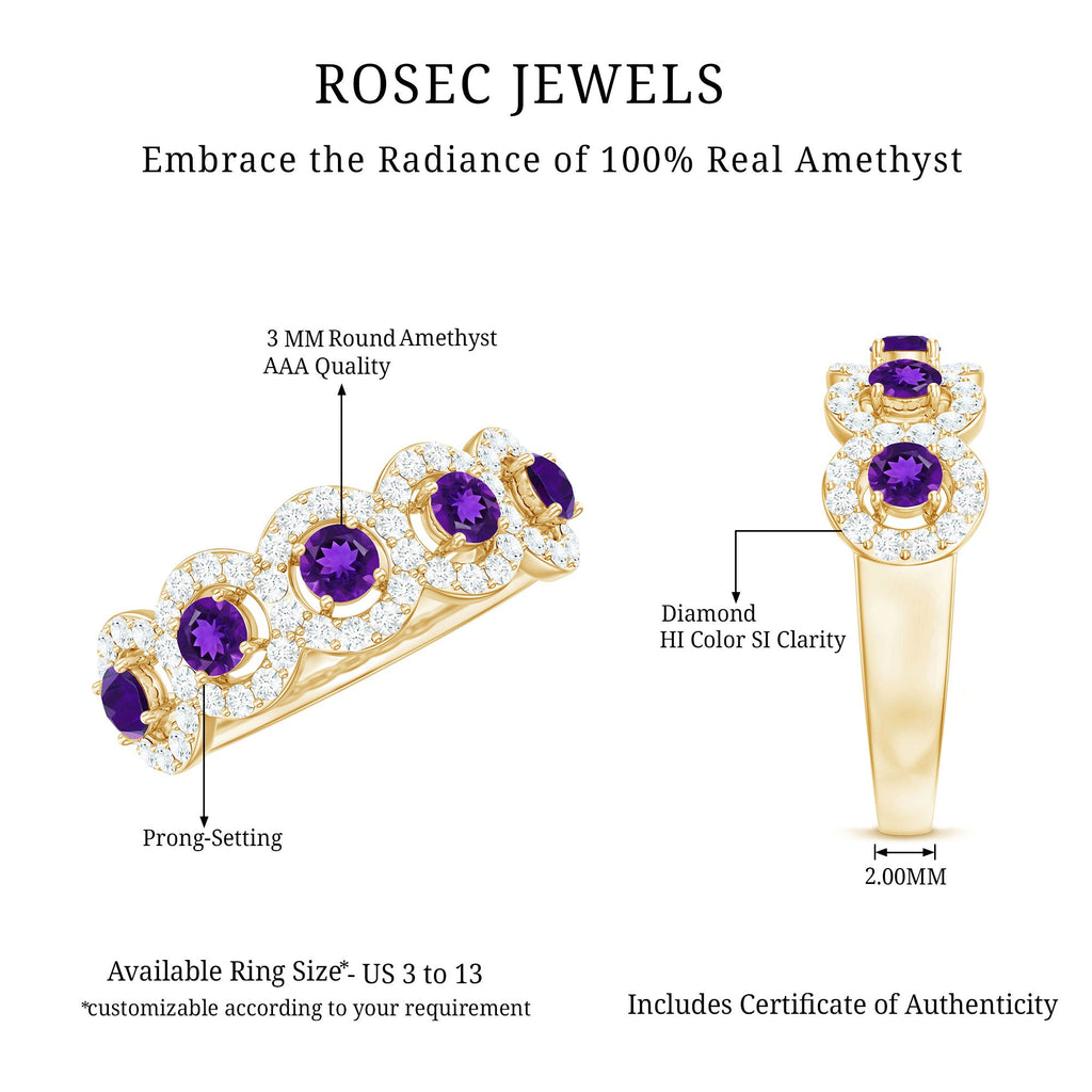 1.25 CT Classic Amethyst Half Eternity Band Ring with Diamond Halo