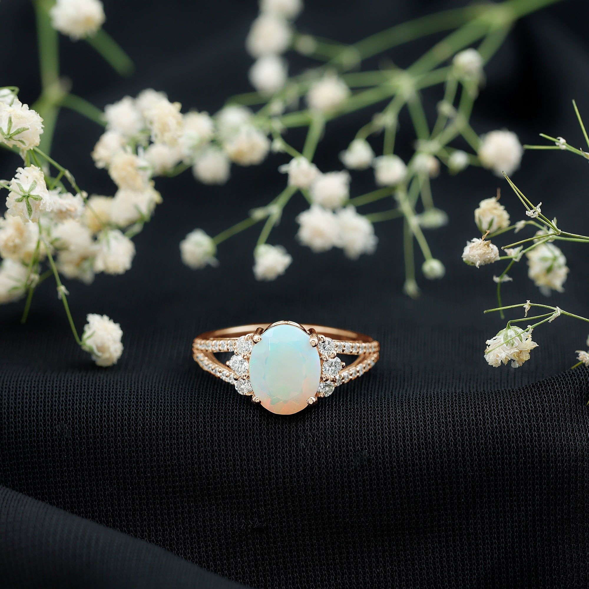 Certified 8X10 mm Ethiopian Opal Oval Engagement Ring with Diamond