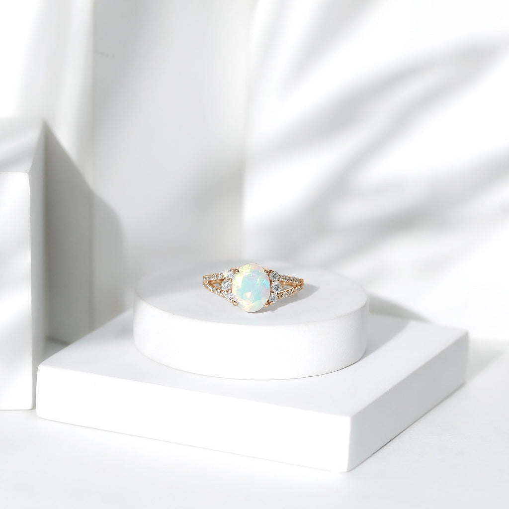 Certified 8X10 mm Ethiopian Opal Oval Engagement Ring with Diamond