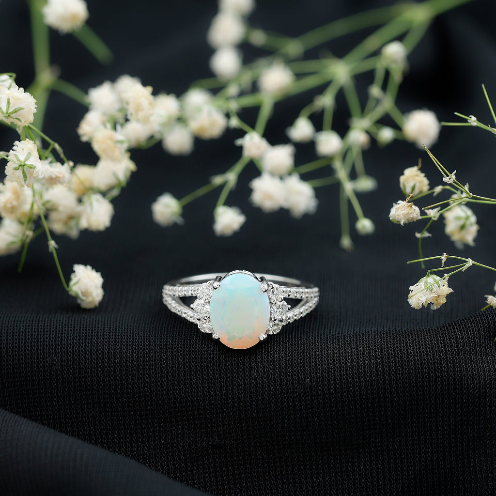 Certified 8X10 mm Ethiopian Opal Oval Engagement Ring with Diamond