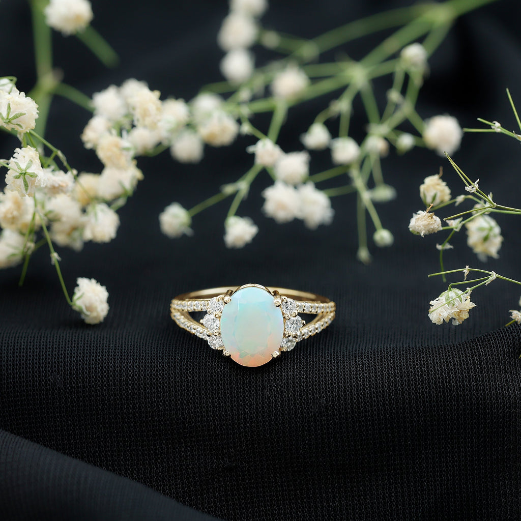 Certified 8X10 mm Ethiopian Opal Oval Engagement Ring with Diamond