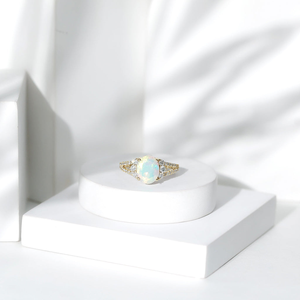 Certified 8X10 mm Ethiopian Opal Oval Engagement Ring with Diamond