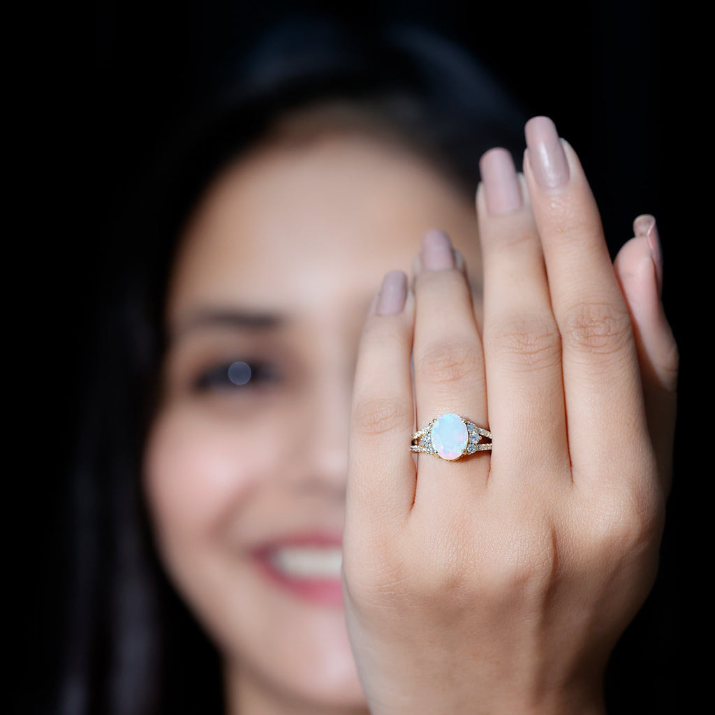 Certified 8X10 mm Ethiopian Opal Oval Engagement Ring with Diamond