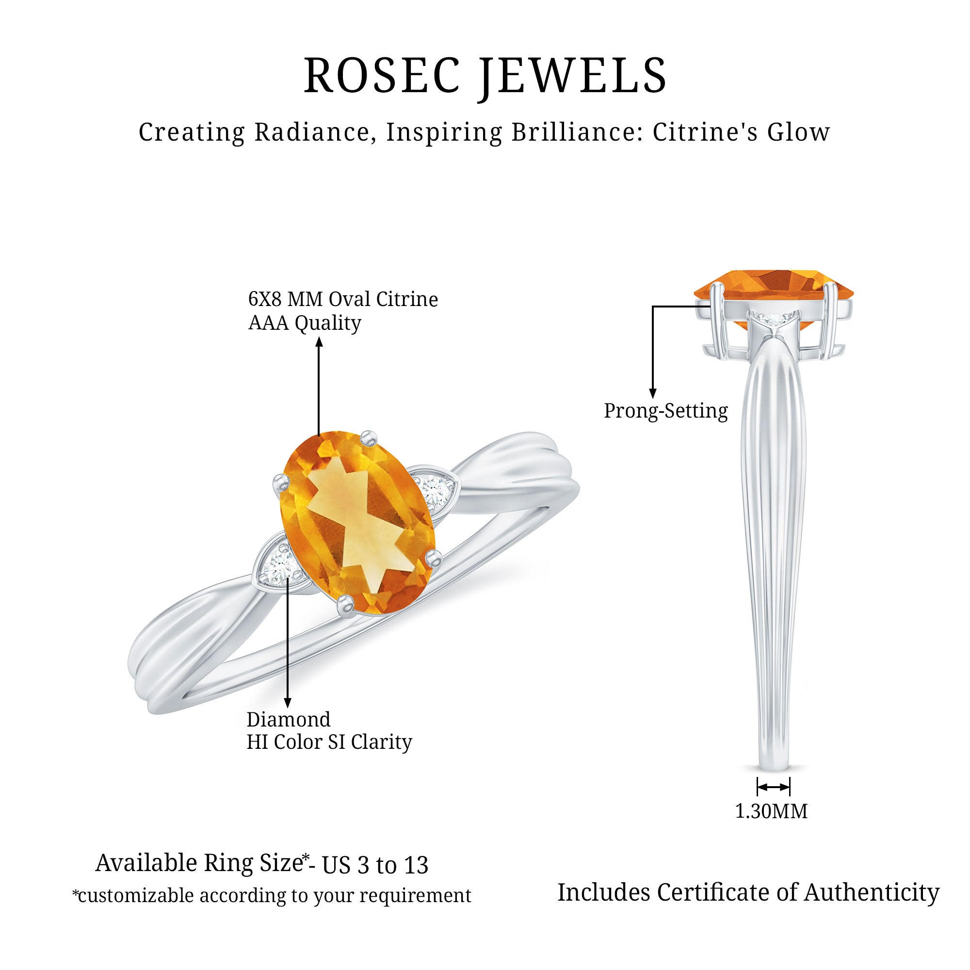 Oval Cut Real Citrine Solitaire Ring with Engraved Details