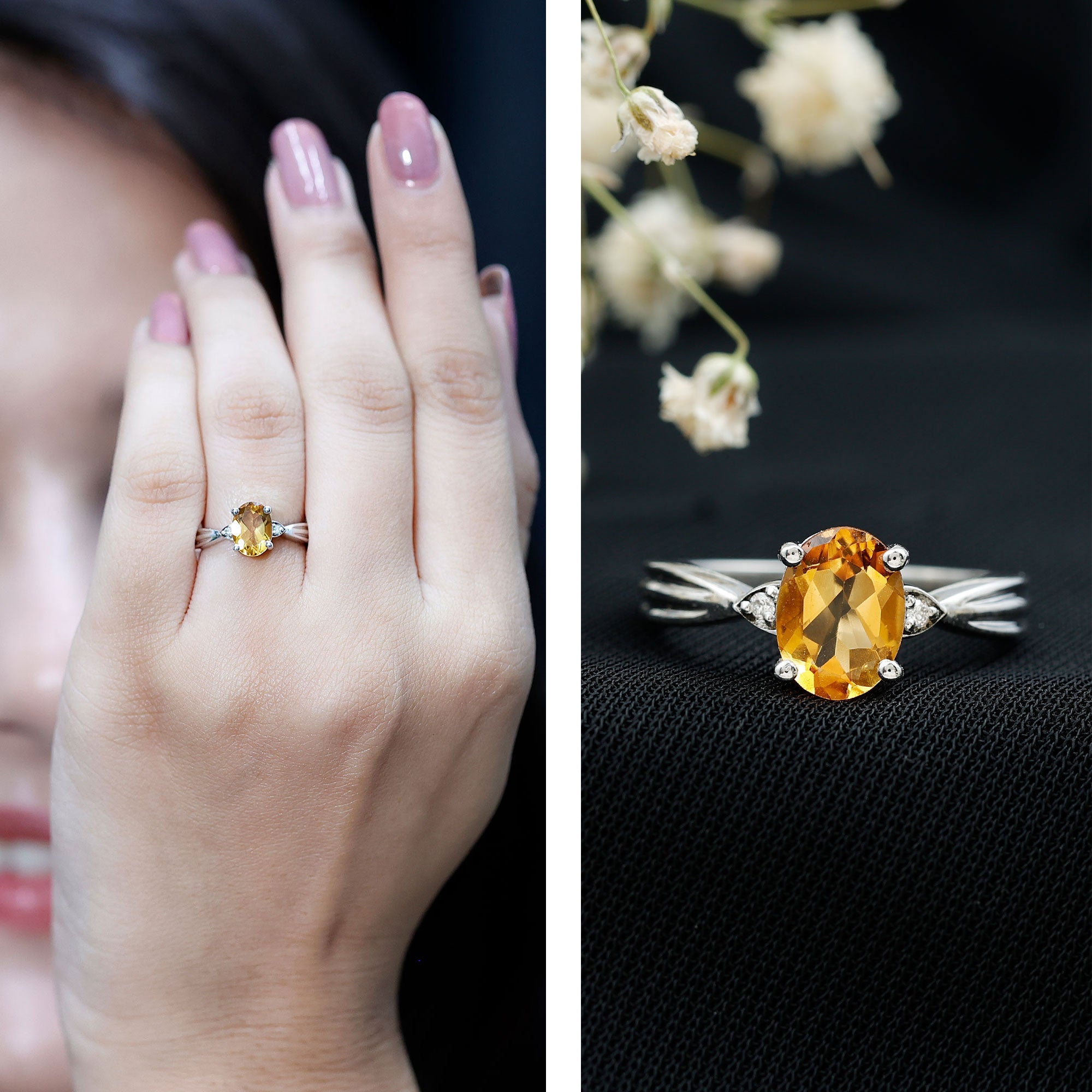 Oval Cut Real Citrine Solitaire Ring with Engraved Details