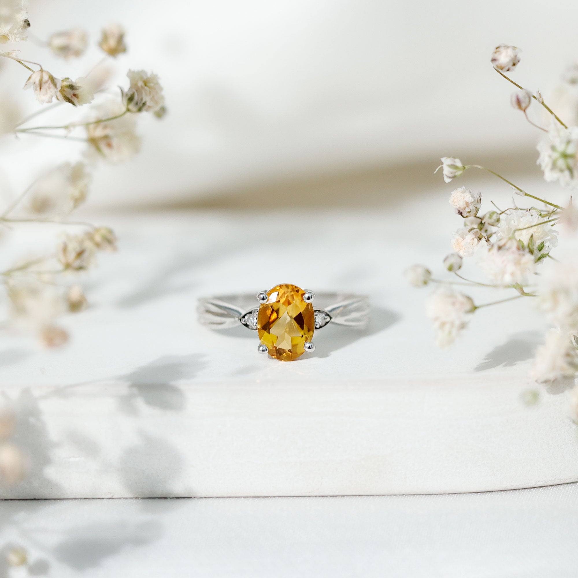 Oval Cut Real Citrine Solitaire Ring with Engraved Details