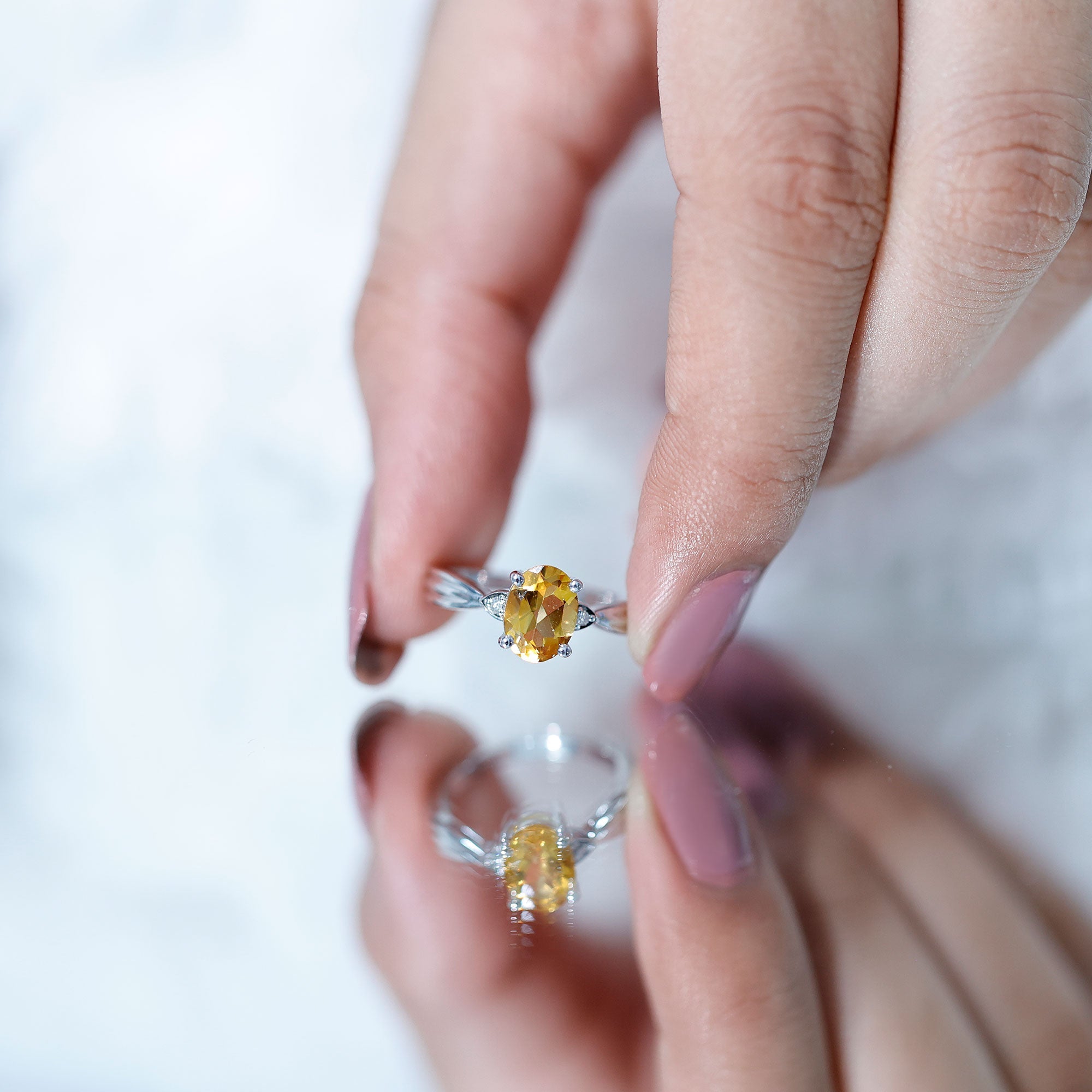 Oval Cut Real Citrine Solitaire Ring with Engraved Details