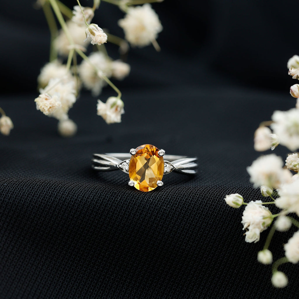 Oval Cut Real Citrine Solitaire Ring with Engraved Details