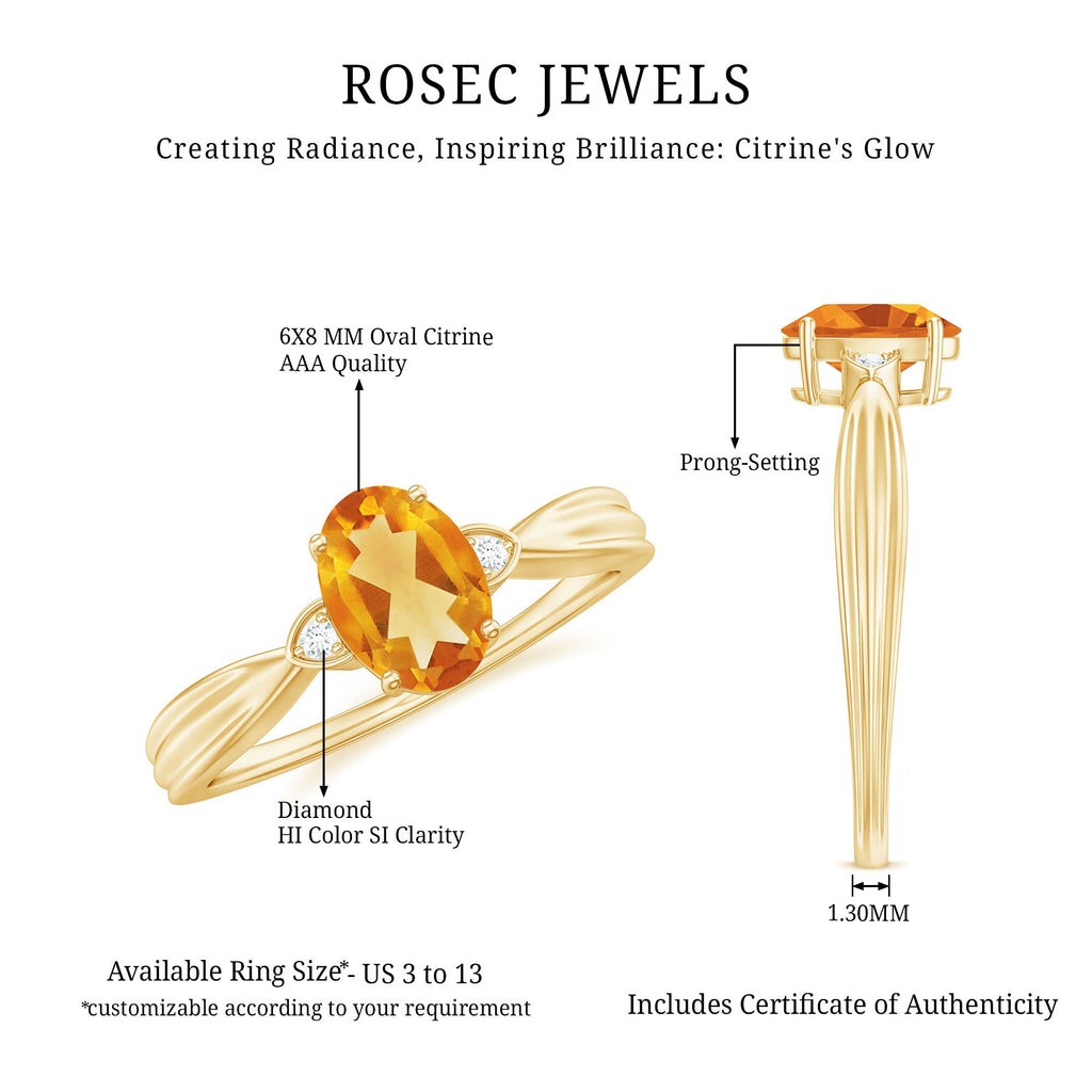 Oval Cut Real Citrine Solitaire Ring with Engraved Details