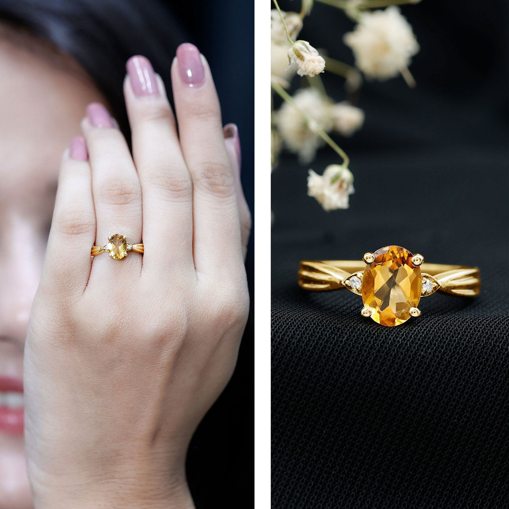 Oval Cut Real Citrine Solitaire Ring with Engraved Details